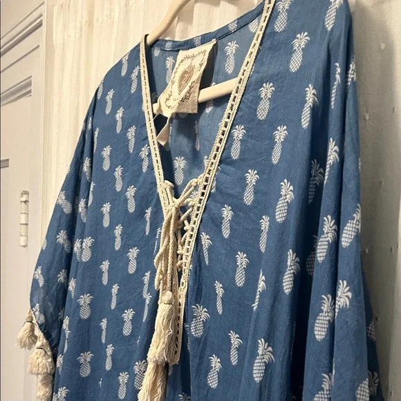 Z&L Coverup Women’s S/M Blue Pineapple Print Swim Bohemian Beach Resort Kaftan - Picture 5 of 14